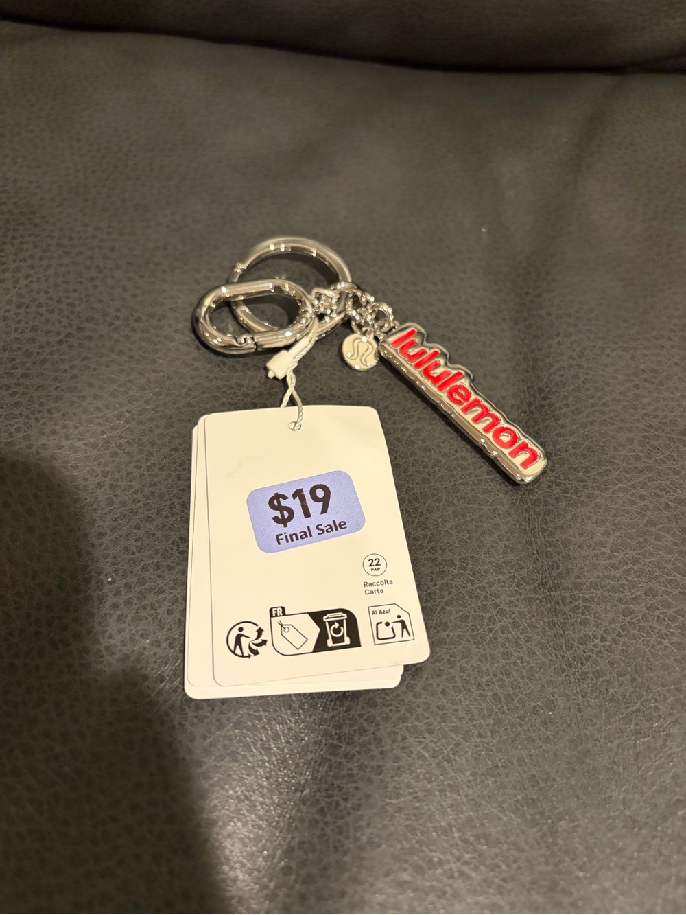 lululemon athletica Silver Keychain with Red Logo Bar Charm